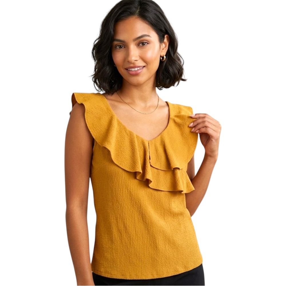 Nine West Mustard Ochre Textured Ruffle Flutter Neck Sleeveless Top Size Medium